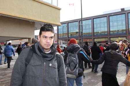 This is Bruce McComber at one of the Idle No More actions held in downtown Sudbury in January 2012. (Photo by Bill Bradley.)