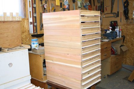 A stack of bottom boards Bob made for his hives