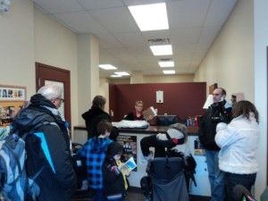 Members of the Sudbury Coalition Agaisnt Poverty visiting  the office of MPP Rick Bartolucci. (Photo by Larson Heinonen)