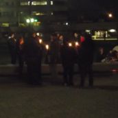 People beginning to assemble outside of Tom Davies Square on Friday evening for the candlelight vigil in solidarity with the people of Elsipogtog and against fracking. (Photo by Scott Neigh)