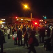 The Friday night action included a brief take-over of the intersection of Brady and Minto Streets in downtown Sudbury, and a rounddance. (Photo by Scott Neigh)