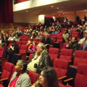 The anti-poverty action on Saturday began with an assembly of activist from cities across the province in the auditorium of Sudbury Secondary School. (Photo by Scott Neigh)