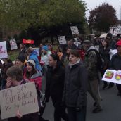 The march went through downtown Sudbury before heading back to Sudbury Secondary School, where out-of-town activists boarded their buses and cars to return home and continue the struggle. (Photo by Scott Neigh)