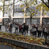 Protestors assemble on the street outside of the office of Liberal MPP Rick Bartolucci. (Photo by Treana Campbell)