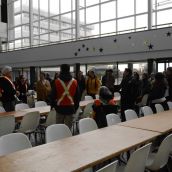 The marchers decided to end things off on Friday afternoon by paying a visit to the rotunda of Tom Davies Square, which is Sudbury's city hall. (Photo by Treana Campbell)